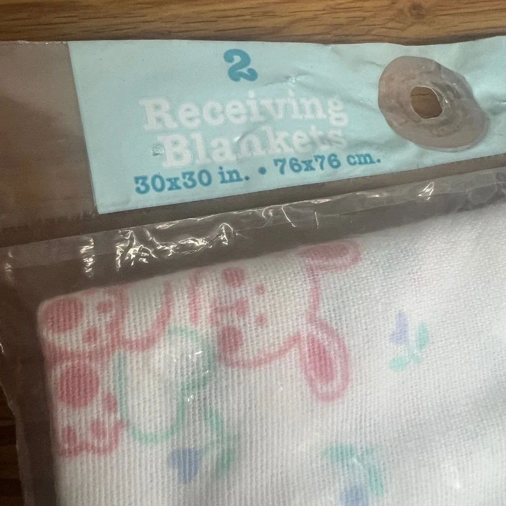 Vintage Beacon Baby‎ Receiving Blankets 30x30 White Bunny Floral 2pk Cotton NEW